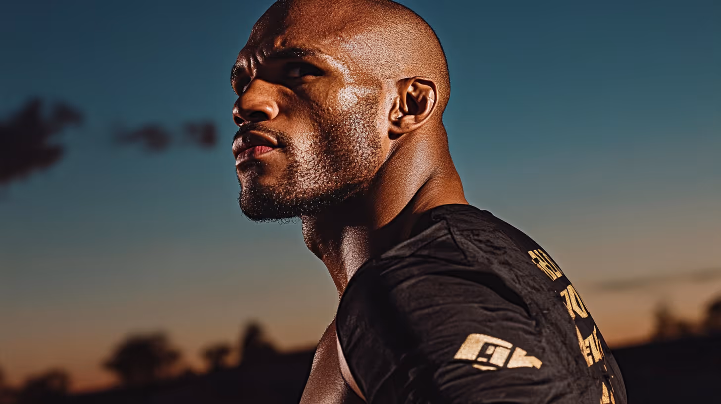 MMA fighter Kamaru Usman in a dynamic pose with intense focus, wearing a black shirt with gold detail against a vibrant gradient sky.
