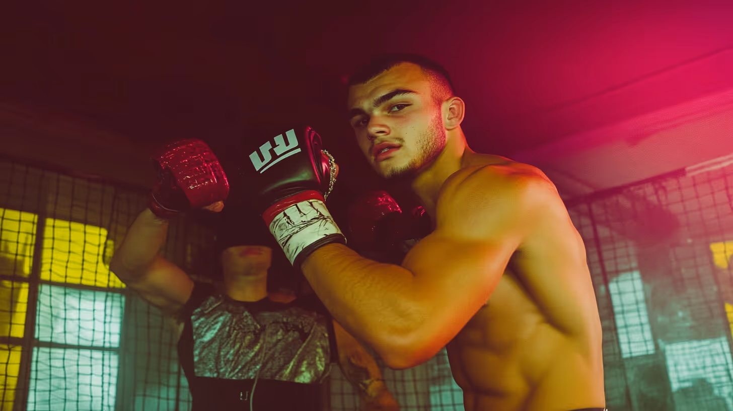 MMA fighter Allan Begosso strikes a dynamic pose with bold black and red gloves, showcasing defined muscles in a vibrant training setting.