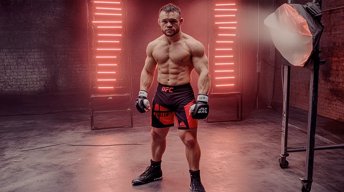 MMA fighter in strong stance wearing black and red shorts with UFC logo, serious and focused in neon-lit gritty brick wall.