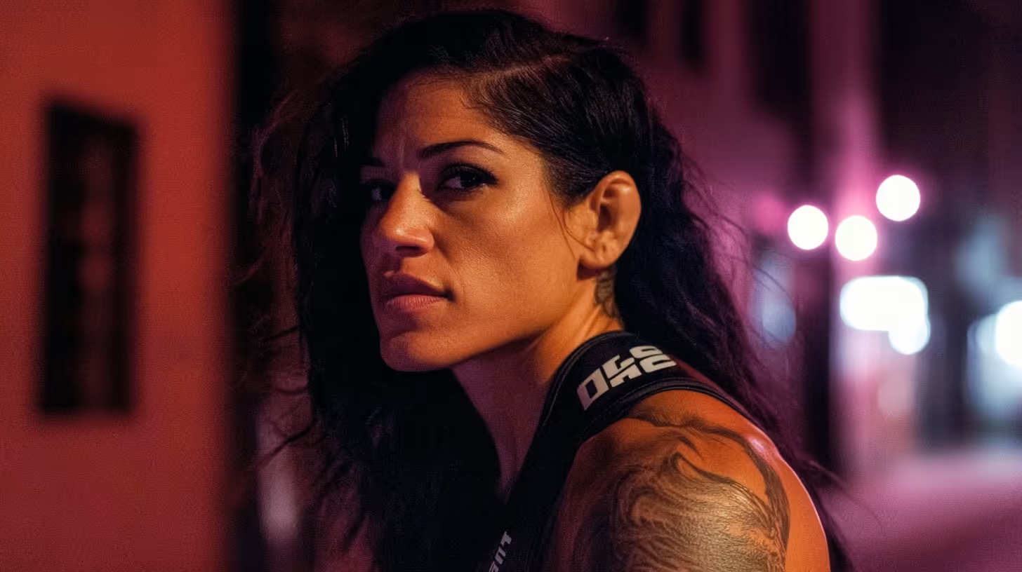 Profile of focused MMA fighter with dark curly hair, fitted black sports top, visible tattoos, and moody red-purple lighting.