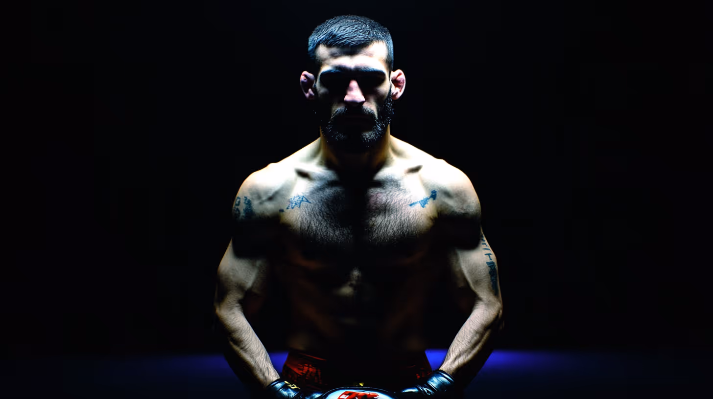 MMA fighter Kyle Prepolec in a powerful pose with a bare, tattooed upper body, black gloves, red glossy shorts, and dramatic low lighting.