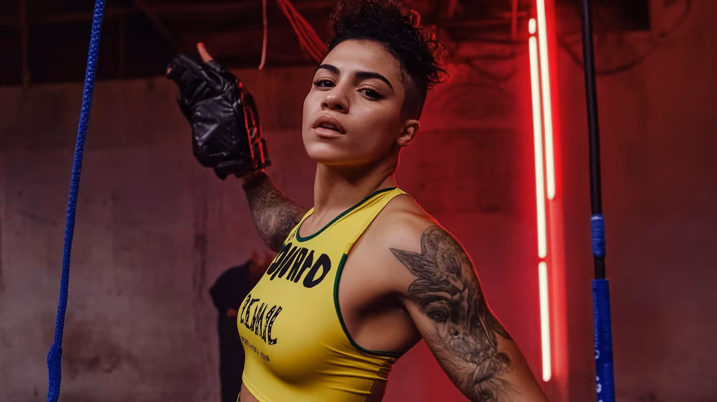 MMA fighter Jessica Andrade poses confidently in a bright yellow top with tattoos and black gloves against an industrial gym lit by red neon.
