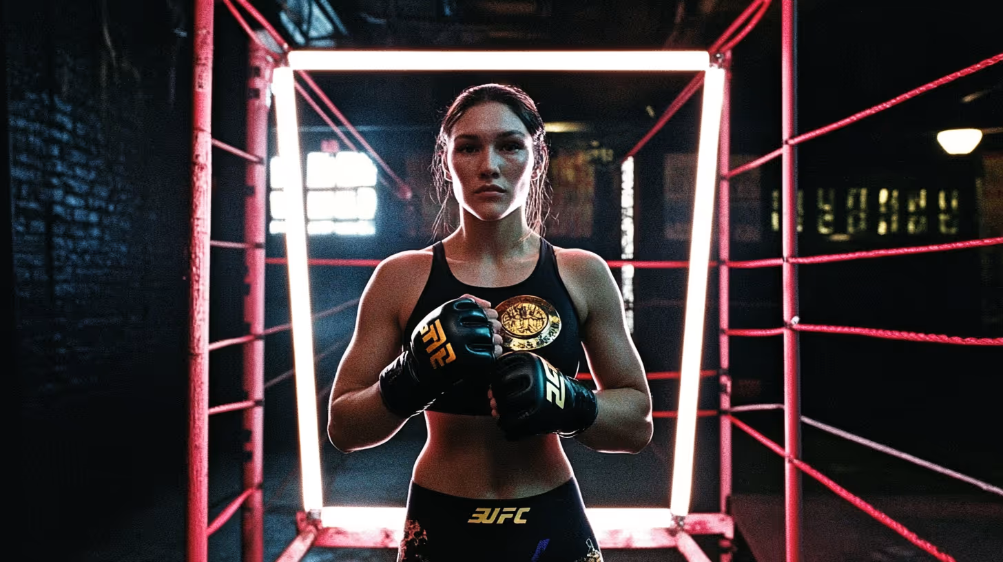 MMA fighter Alexa Grasso in a neon-lit boxing ring wearing a black sports bra, compression shorts and yellow gloves, exuding focus.