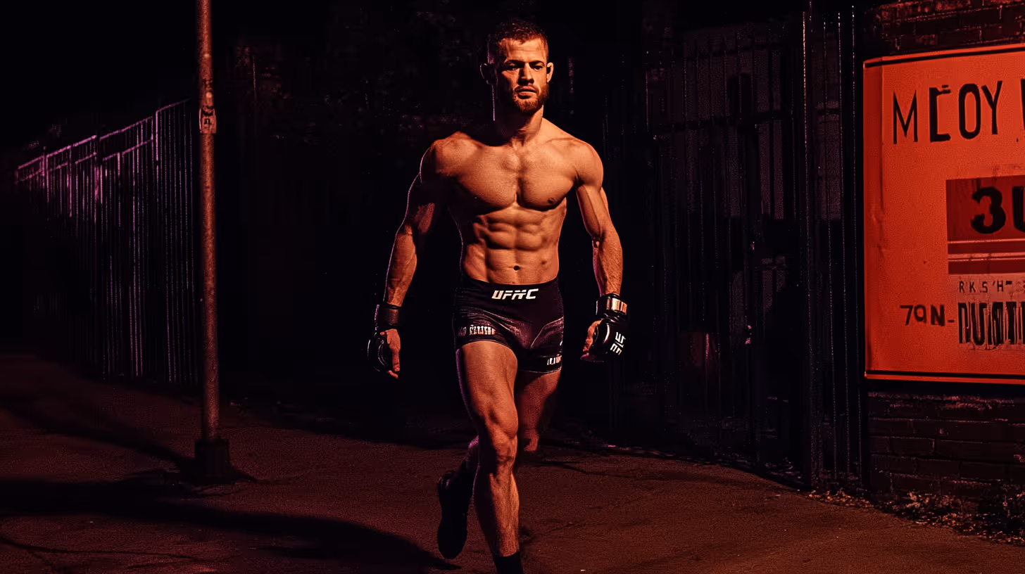 Charles Radtke, MMA fighter, strides confidently in black and purple shorts with gloves amid a moody, industrial backdrop.