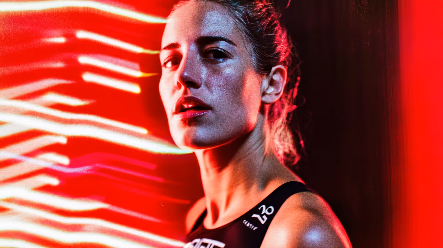 Close-up of an MMA fighter with an intense gaze in a fitted black athletic outfit against dramatic red and white light streaks.