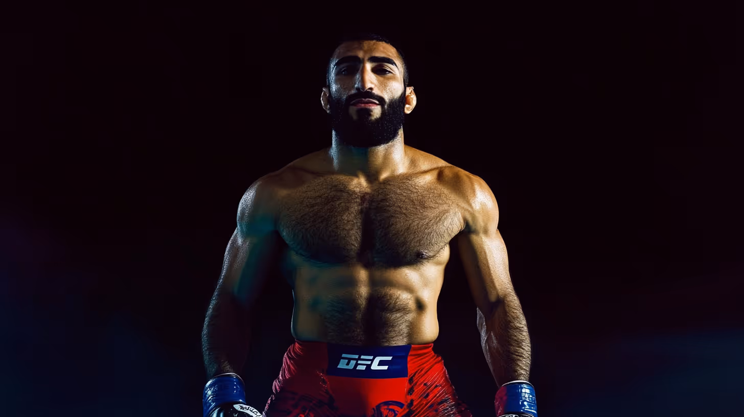 Belal Muhammad, an MMA fighter, stands confidently in red shorts and blue gloves, showcasing defined, glistening muscles on a dark backdrop.