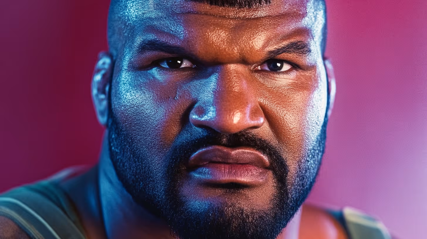Close-up of Rampage Jackson with an intense gaze, furrowed brow, and defined muscles in a tank top against red-purple hues.