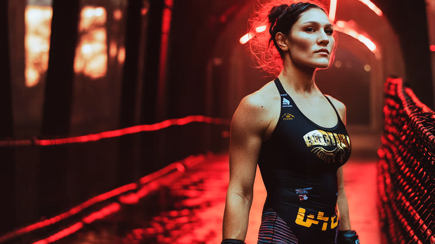 Alexa Grasso strikes an intense pose in a sleek black and gold MMA outfit against dramatic red-orange indoor cage lighting.
