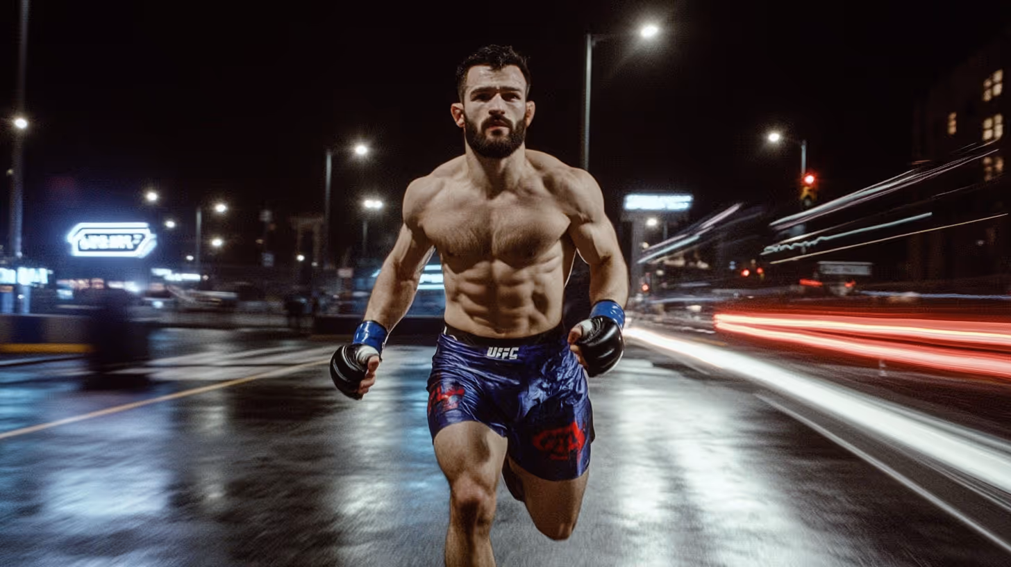 MMA fighter in blue shorts and black gloves dashes toward the viewer on a wet, neon-lit urban street, intense and focused.