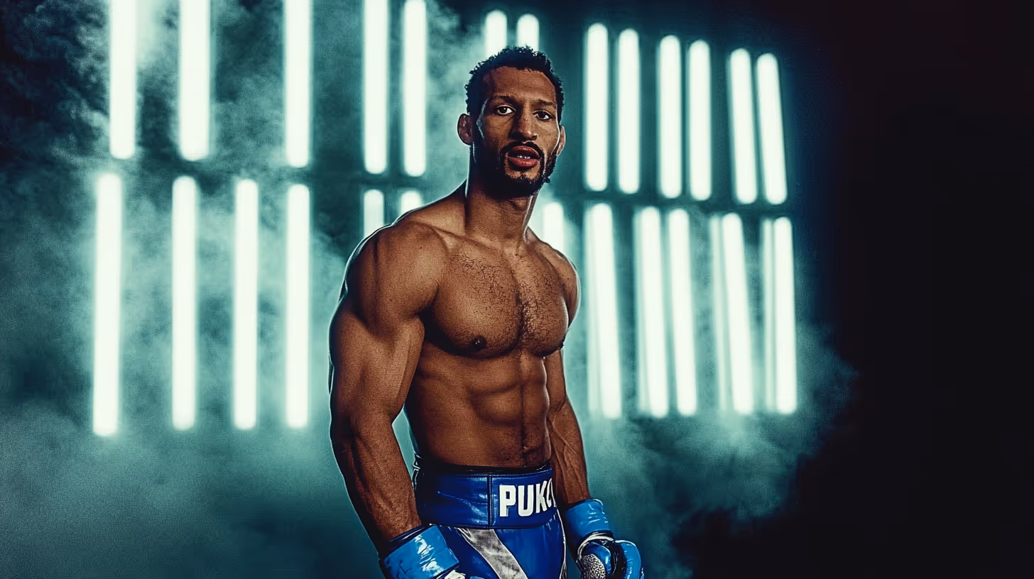MMA fighter Mansour Barnaoui shirtless with defined abs, blue "PUKO" shorts & gloves, intense focus in dramatic lighting.
