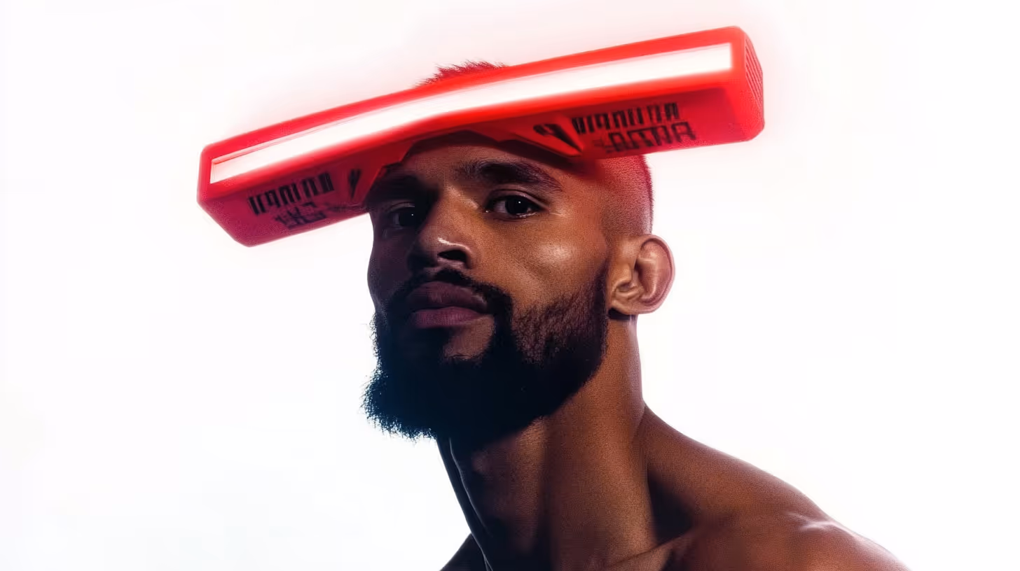 MMA fighter Deiveson Figueiredo in a striking shirtless pose with a muscular build, bold red headgear, and dramatic lighting.