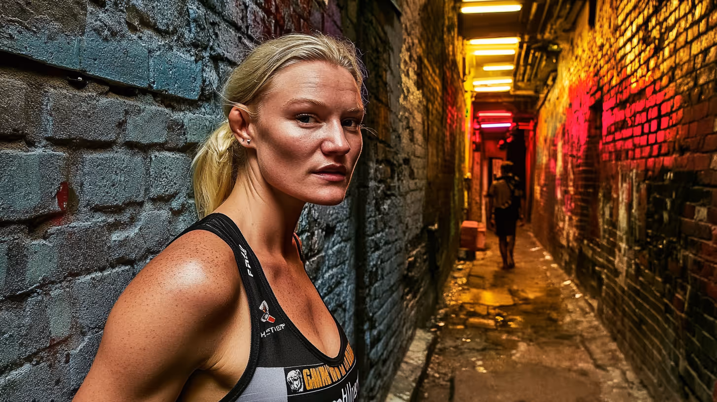 MMA fighter Manon Fiorot in gritty narrow alley of painted brick, sporting a sleeveless top and determined gaze.