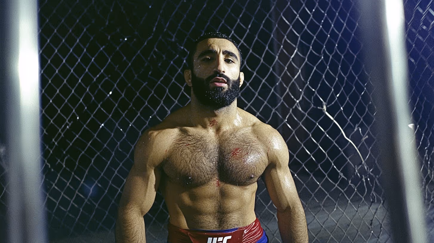 MMA fighter with a muscular, bare torso and red shorts, intense and determined, poses before a chain-link fence.