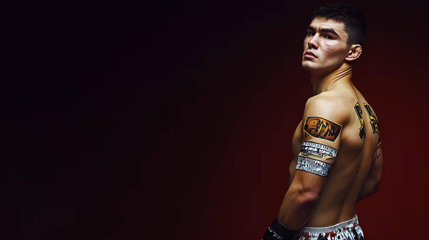 MMA fighter in patterned shorts, tattooed bare chest, three-quarter view on a red-black gradient background.