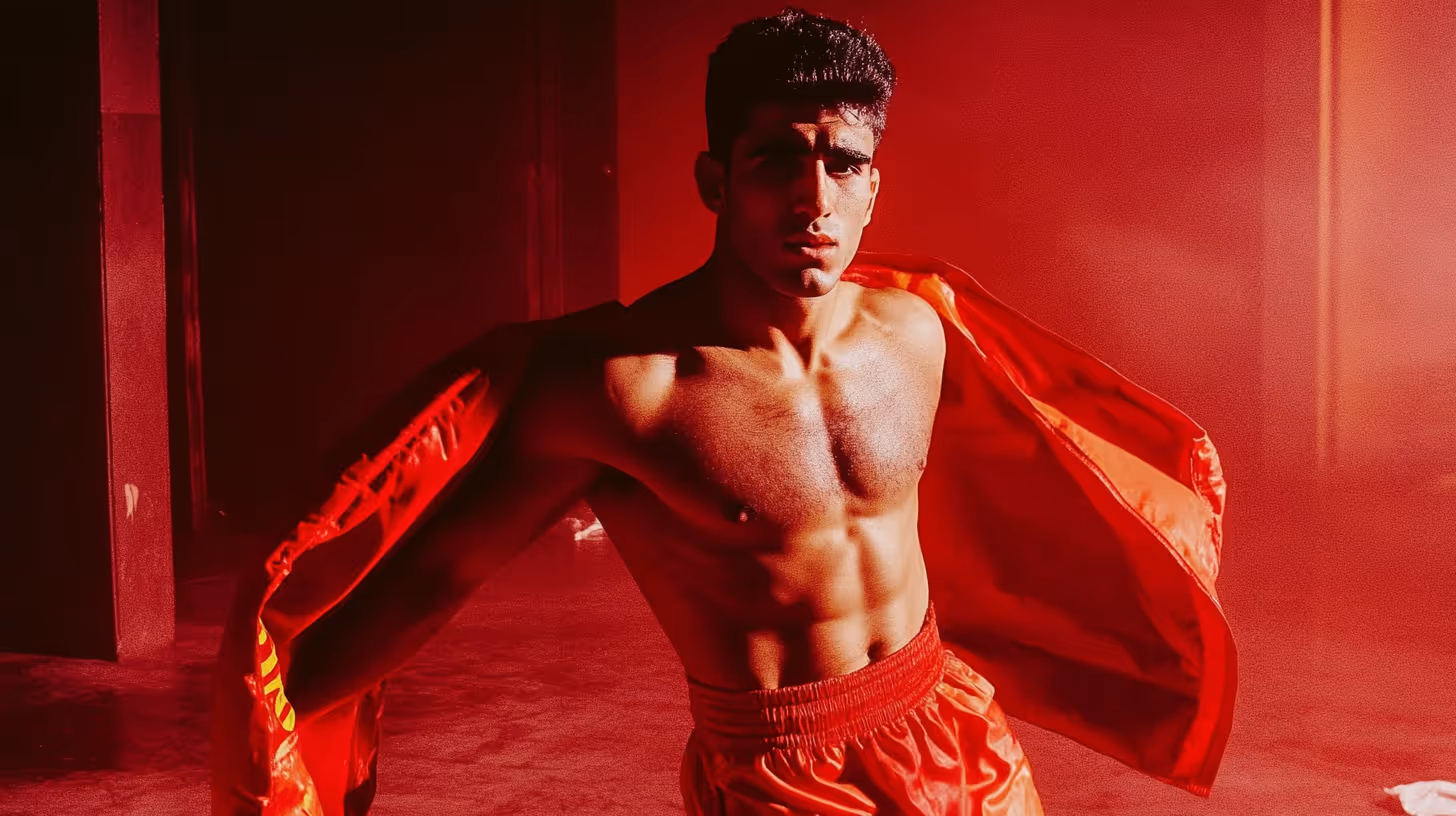 MMA fighter in red shorts, shirtless with defined muscles, focused while removing a red jacket against a dramatic red backdrop.