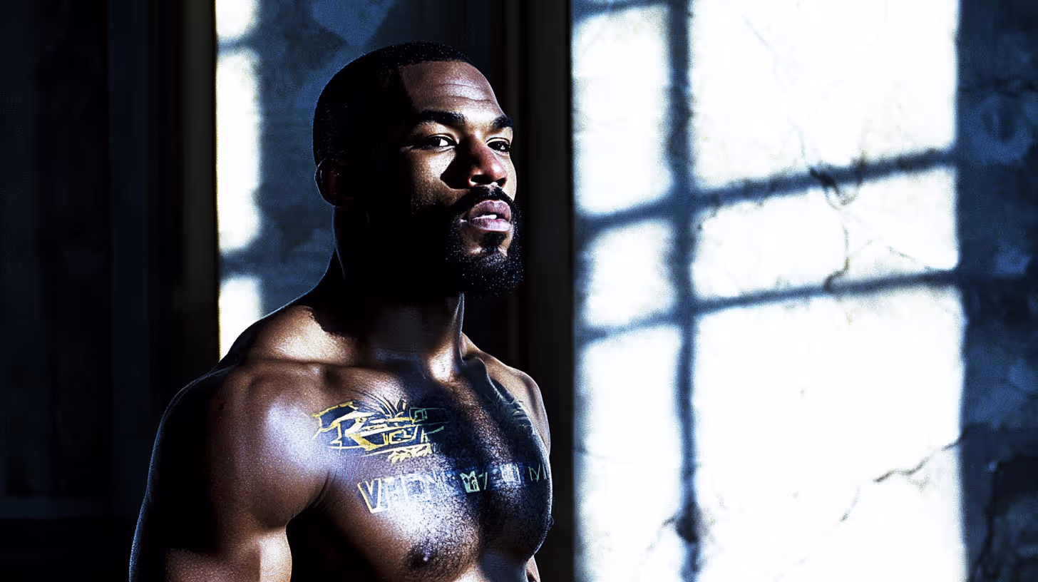 Jon Jones, MMA fighter, stands shirtless with defined muscles and intense focus amid dramatic light and shadows.