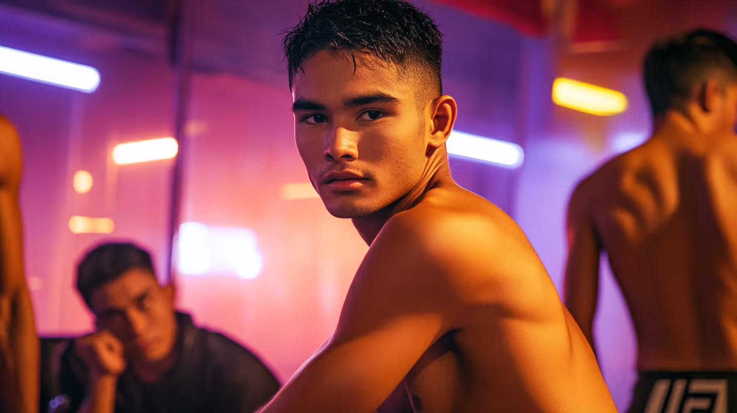 MMA fighter Johan Ghazali with a focused gaze, muscular and shirtless amid vibrant purple, pink, and blue lights.