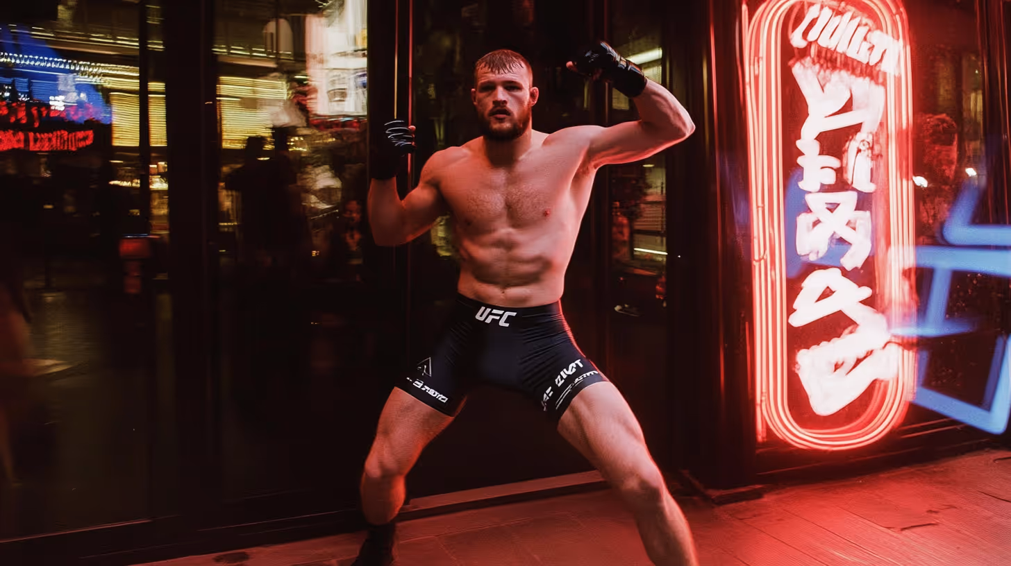 MMA fighter Reinier de Ridder in a shirtless, athletic stance wearing black UFC shorts and fingerless gloves amid neon red–blue urban lights.
