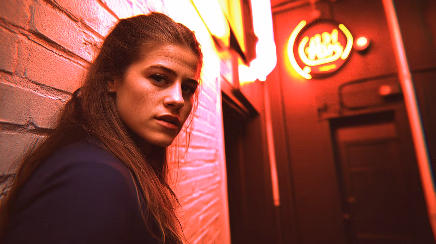 MMA fighter Jasmine Jasudavicius in a striking pose wearing dark athletic gear against a neon red, urban textured backdrop.