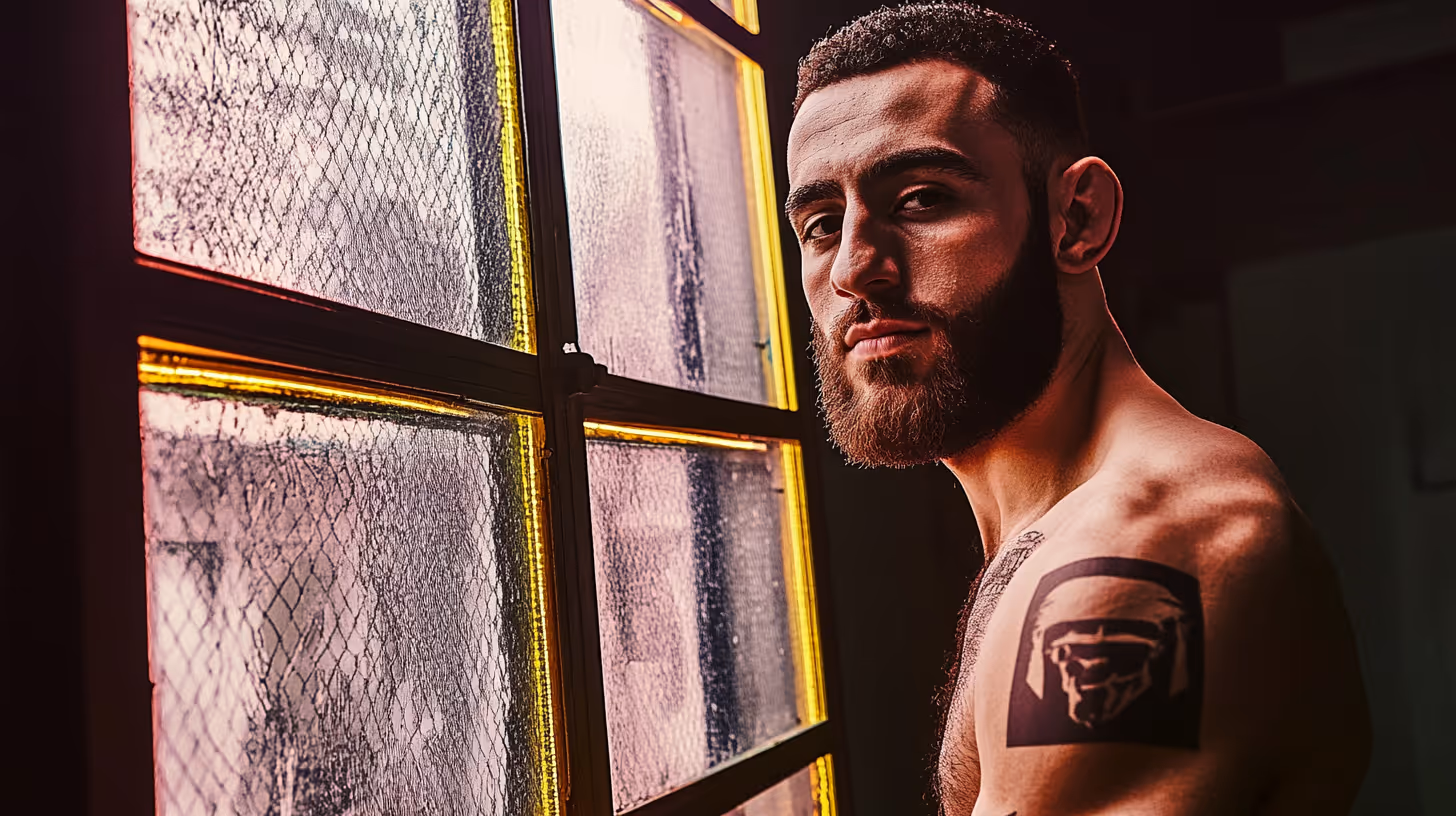 MMA fighter Muhammad Della Maddalena in a confident, bare-chested pose with visible tattoos and dramatic warm lighting.