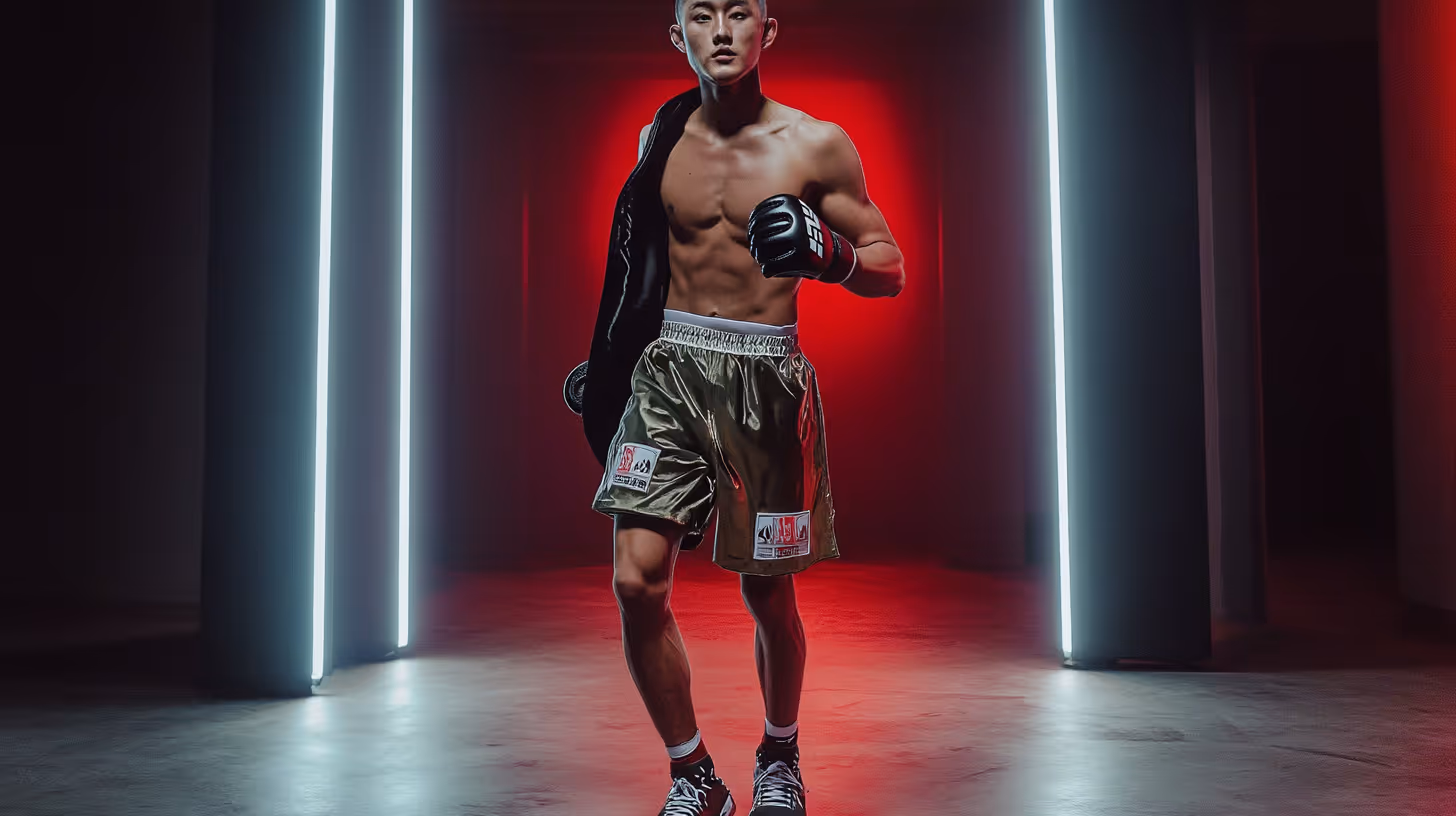 MMA fighter Toma Kuroda in gold shorts, black gloves, and draped jacket stands poised amid red and white dramatic lighting.