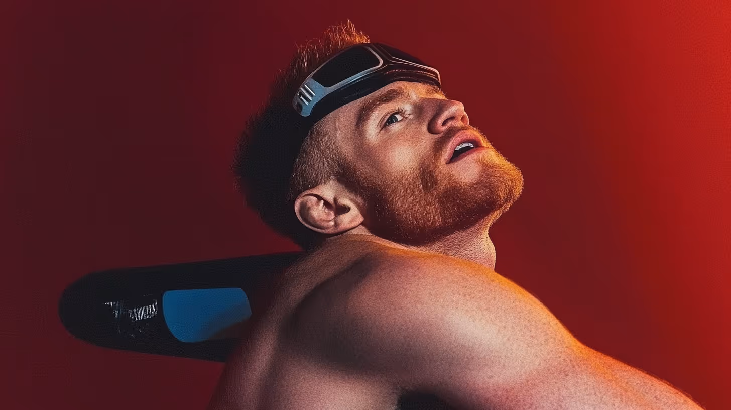 Jack Della Maddalena striking a dynamic pose with dark goggles, prominent muscles, and a determined gaze against a vibrant red background.
