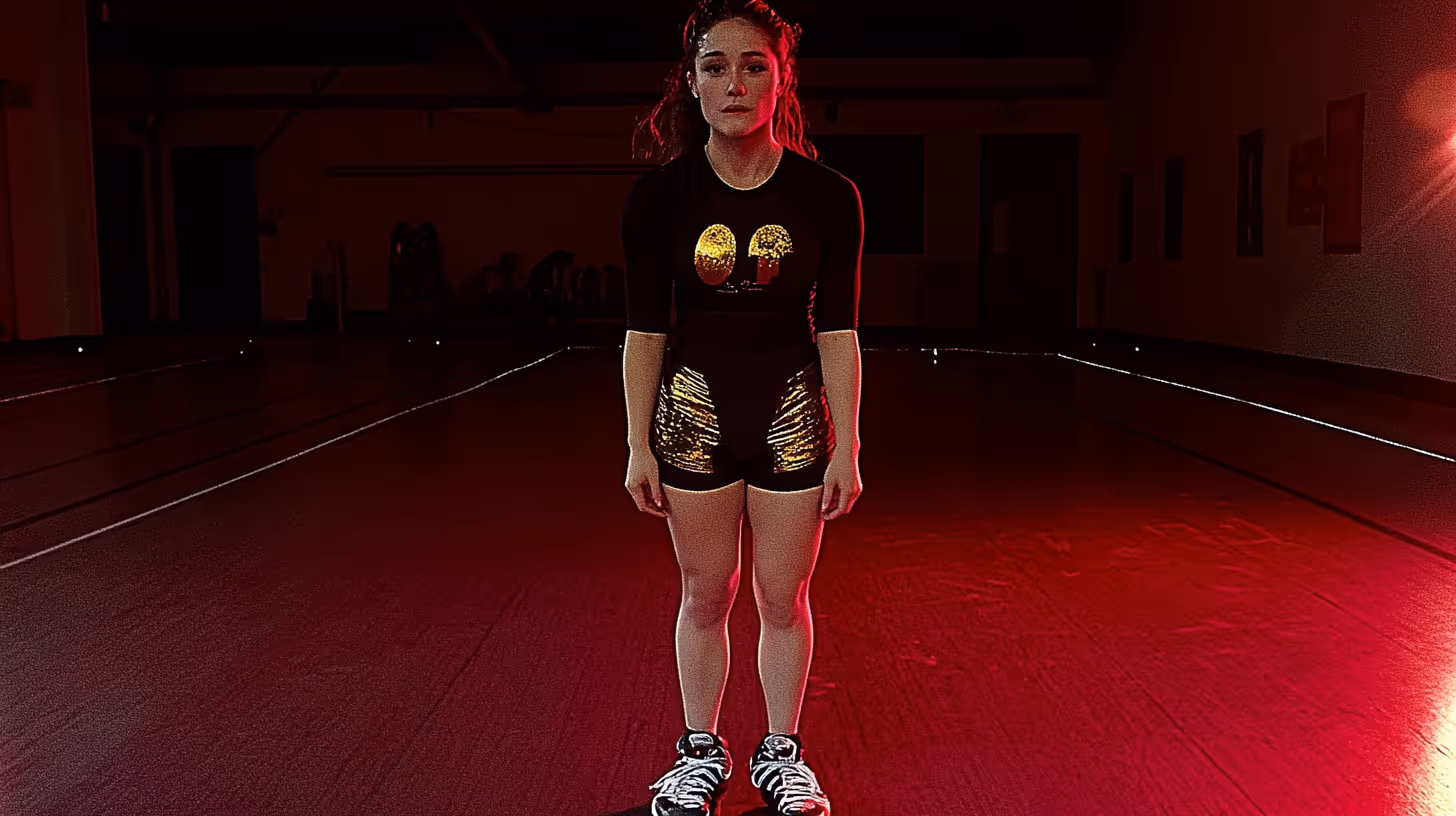 Alexa Grasso in a focused MMA stance wearing a black top with gold-accented shorts against a dramatic red-lit backdrop.