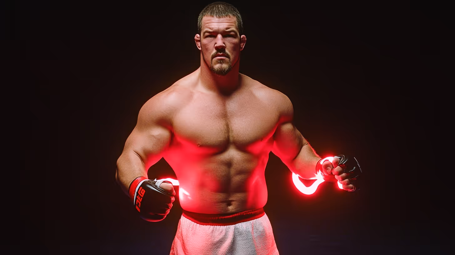 Tommy Morrisson in a powerful stance wearing black gloves and white shorts with glowing red hand accents on a dark background.