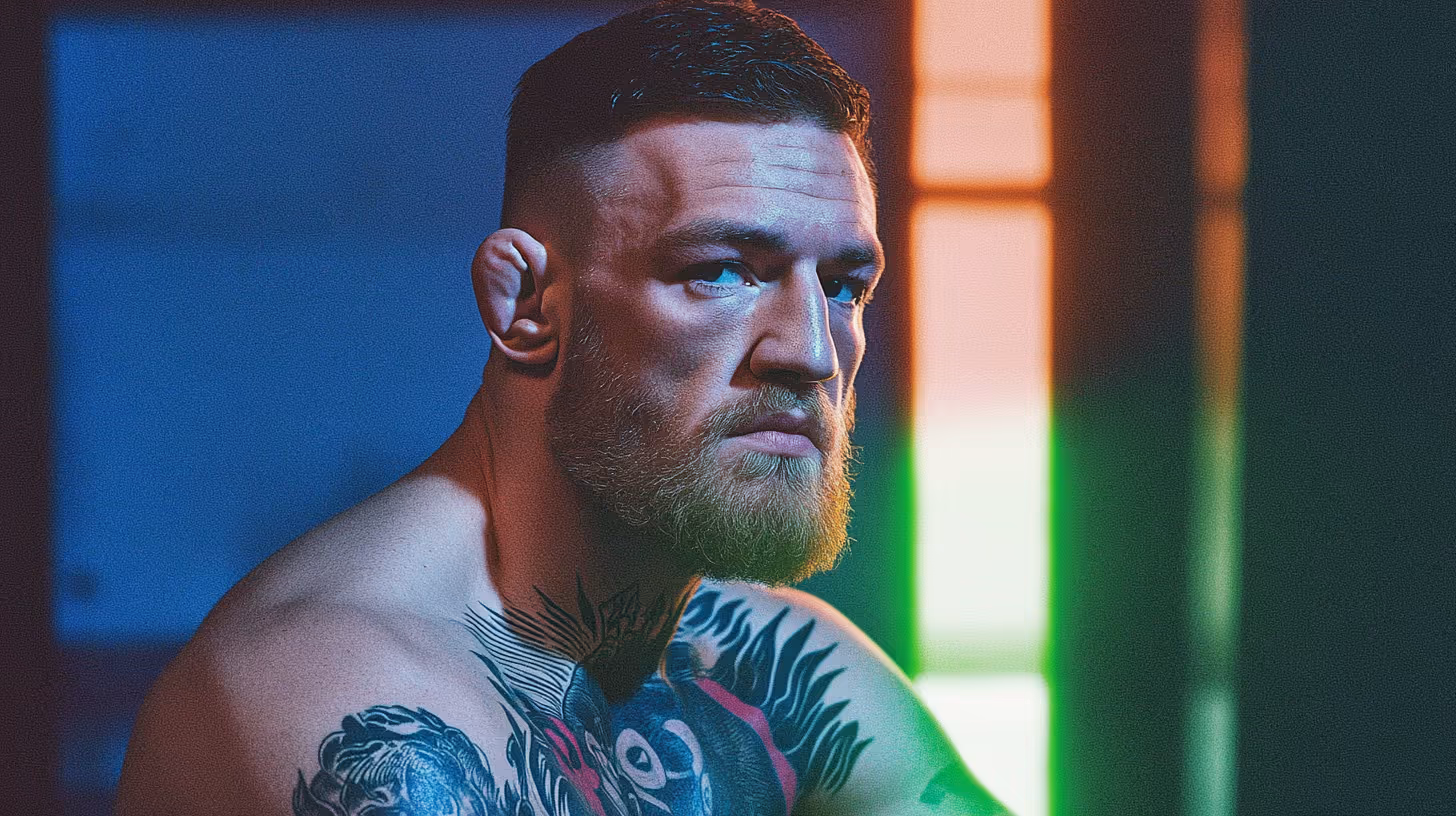MMA fighter Conor McGregor in a contemplative pose, bare-chested with bold tattoos against a vibrant gradient backdrop.