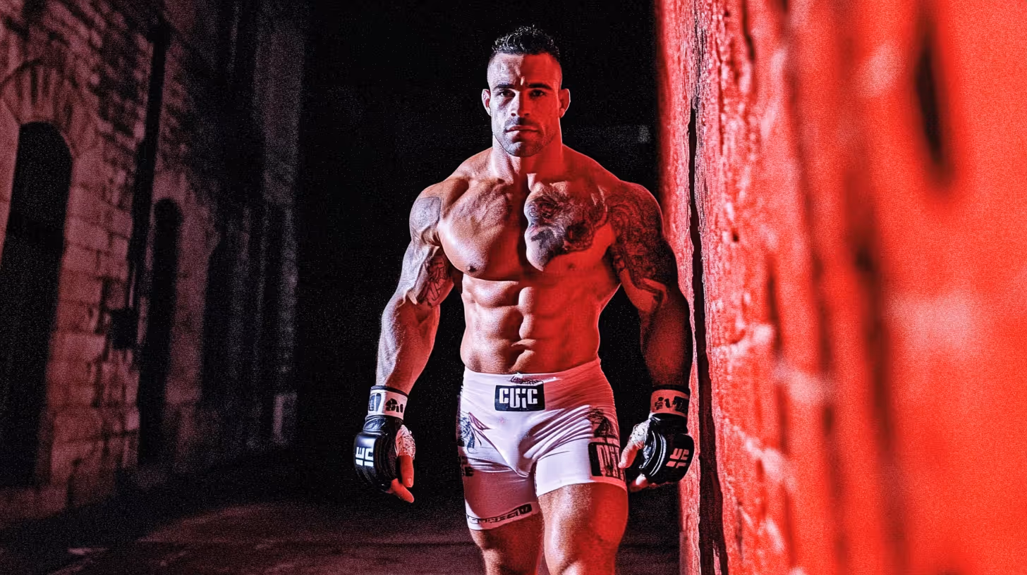 MMA fighter in white shorts and black gloves strikes a confident pose, showcasing visible tattoos against a textured, dim wall.
