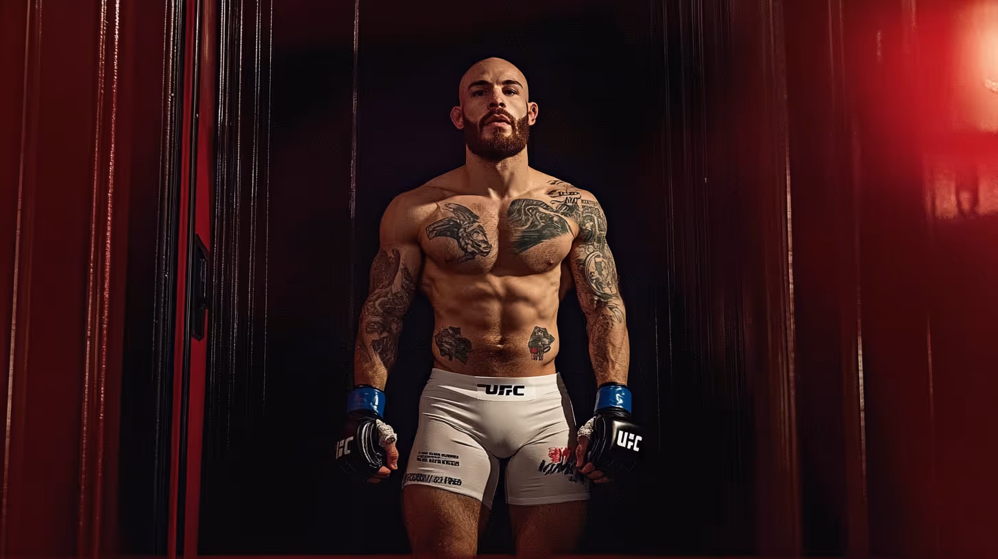 MMA fighter Jean Silva, muscular with tattoos, shaved head and beard, in white shorts and blue gloves under red lighting.