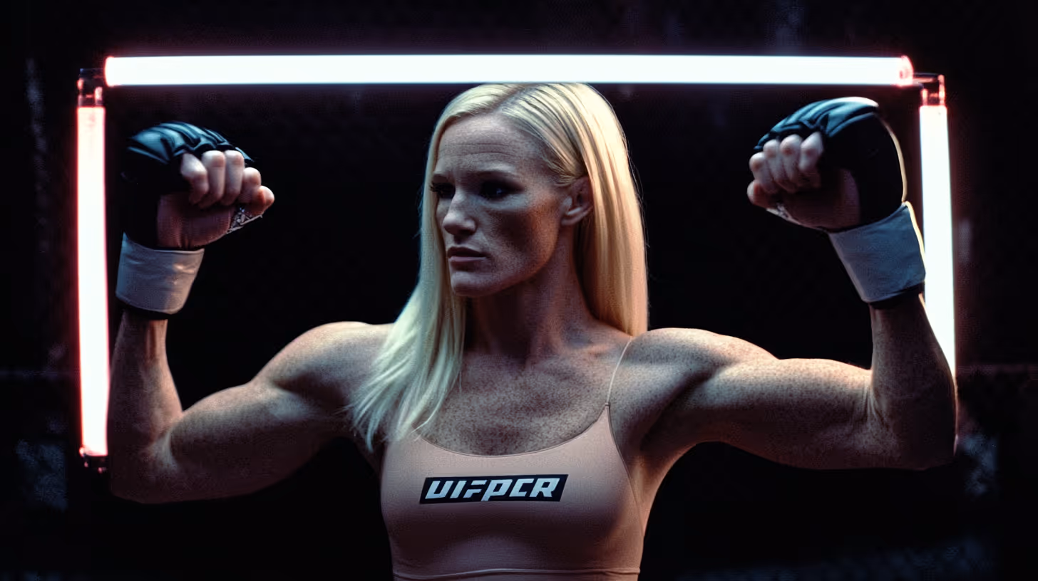 MMA fighter Holly Holm in a defensive pose with long blonde hair, black gloves, and a determined expression in an MMA gym.
