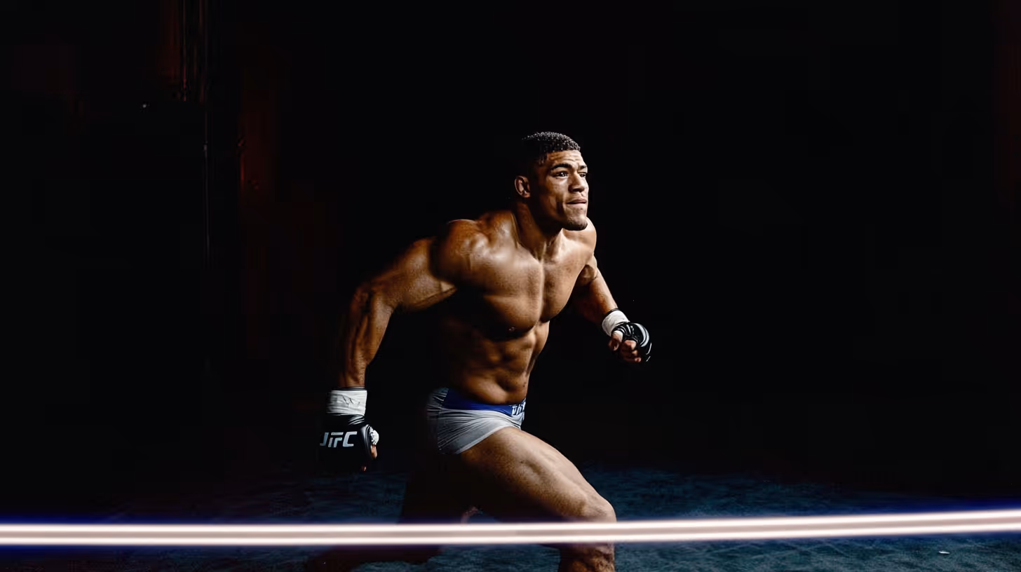 Dynamic MMA fighter in tight shorts with defined muscles, focused face, and wearing gloves in a dark scene with glowing light.