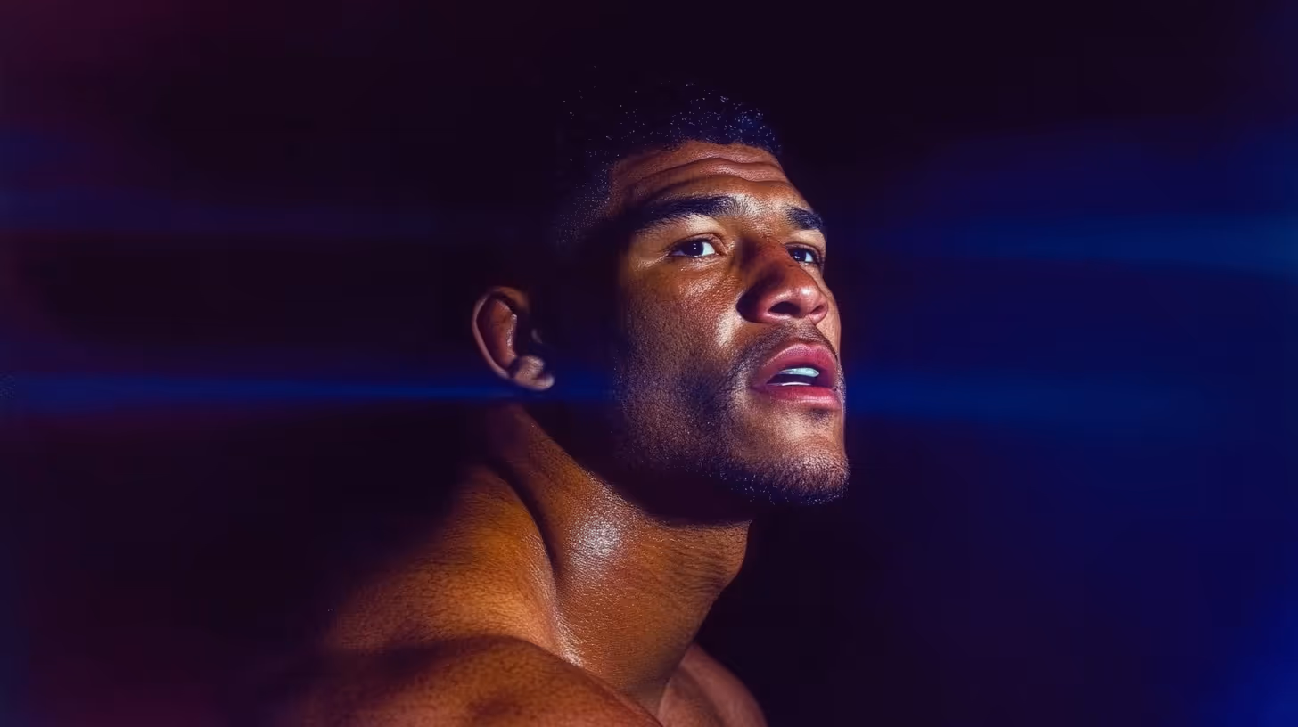 MMA fighter Gilbert Burns in a powerful, partially nude profile with glistening muscles under dramatic blue-purple lighting.