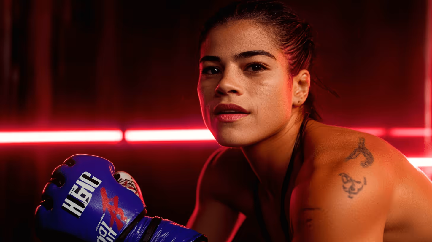 Dynamic female MMA fighter posing with blue boxing gloves, focused expression amid dramatic red-lit background.