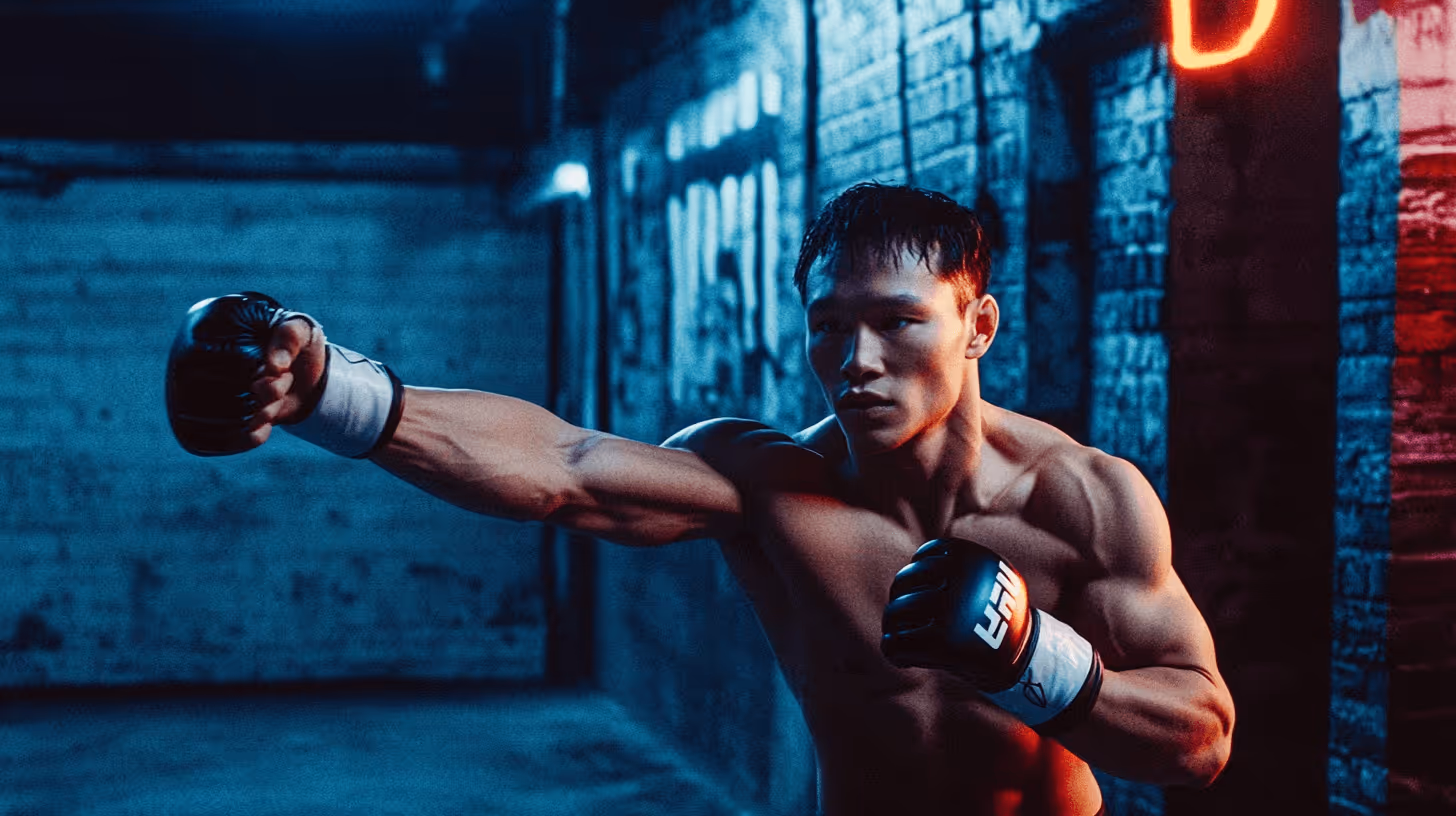 Dynamic MMA fighter in striking pose, shirtless with black gloves, exuding intensity against gritty industrial walls with blue and red lighting.