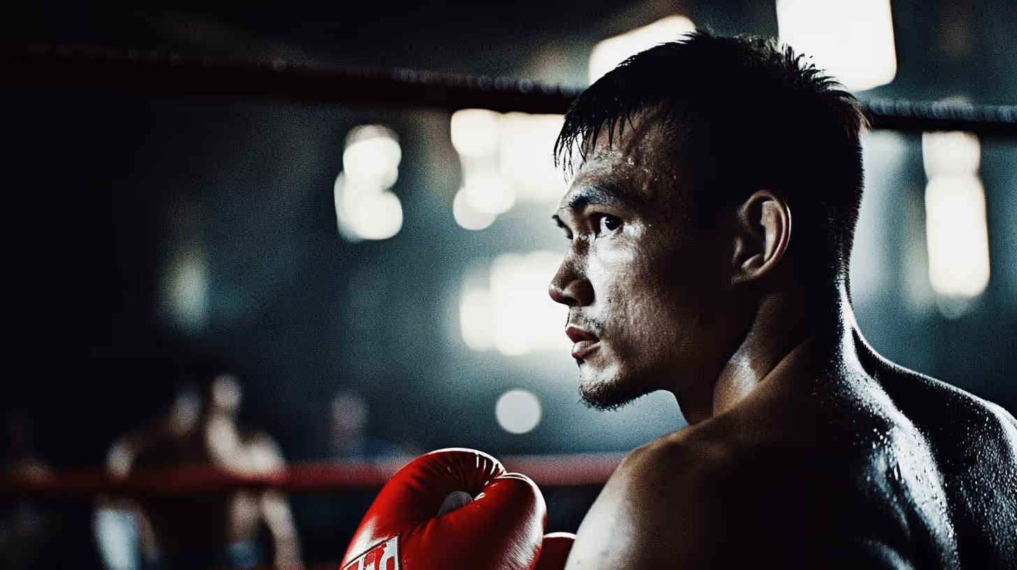 MMA fighter Thananchai Sitsongpeenong in a poised stance with red gloves, intense focus, and glistening skin amid moody, dim-lit training shadows.