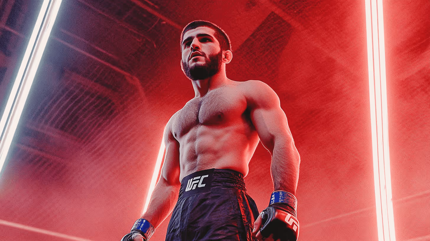 Islam Makhachev, muscular MMA fighter shirtless in black shorts with blue gloves, exuding intensity against a dramatic red-lit background.
