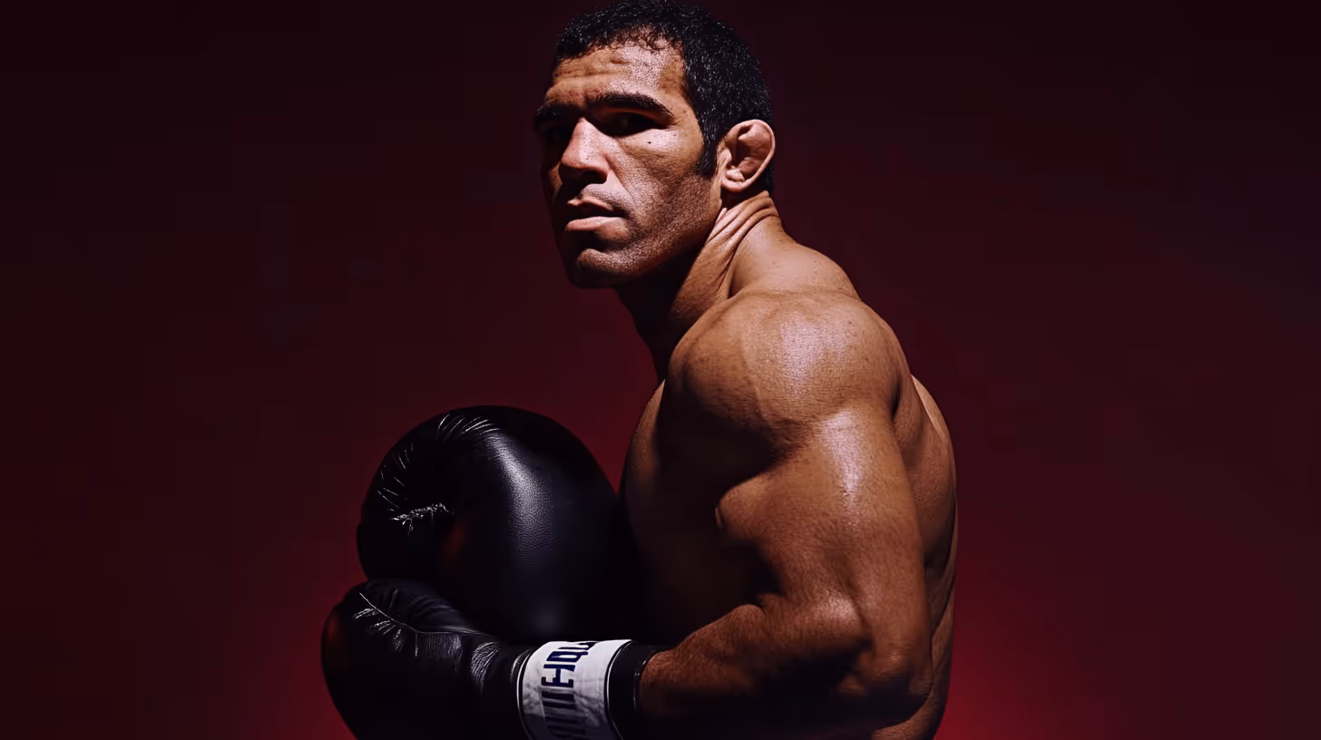 Shirtless male MMA fighter in a confident side pose with a black glove against a rich red background.