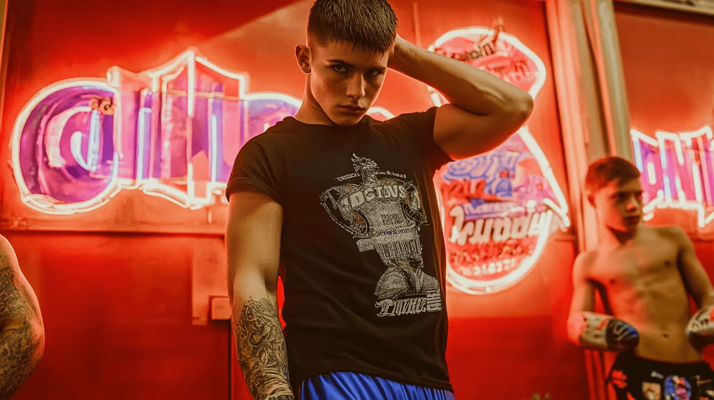 MMA fighter in a fitted black t-shirt with tattoos and blue shorts stands confidently against a vibrant neon urban backdrop.