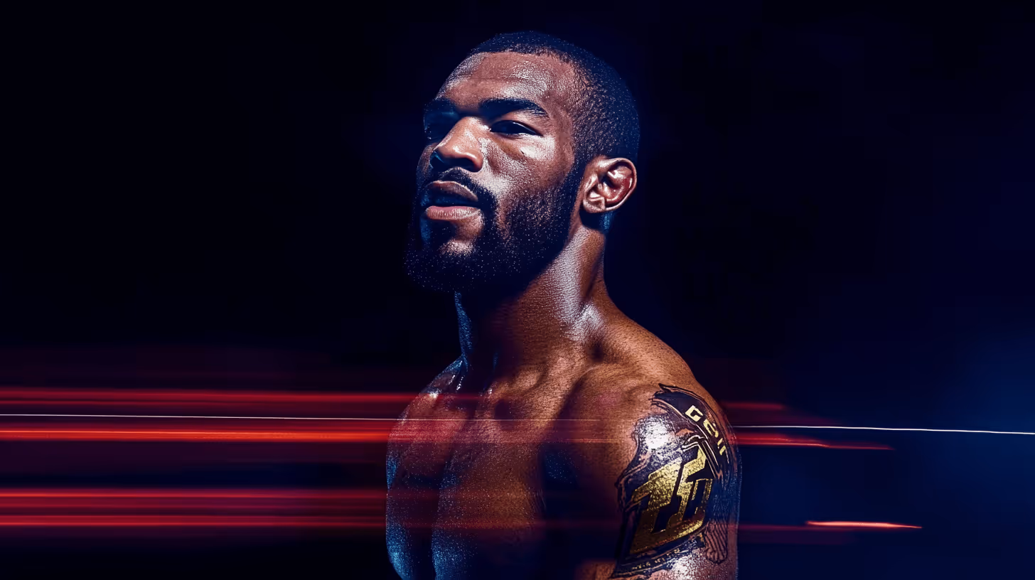 Jon Jones in a dynamic fight stance: intense focus, minimal MMA shorts, tattooed shoulder amid dramatic red-white lighting.