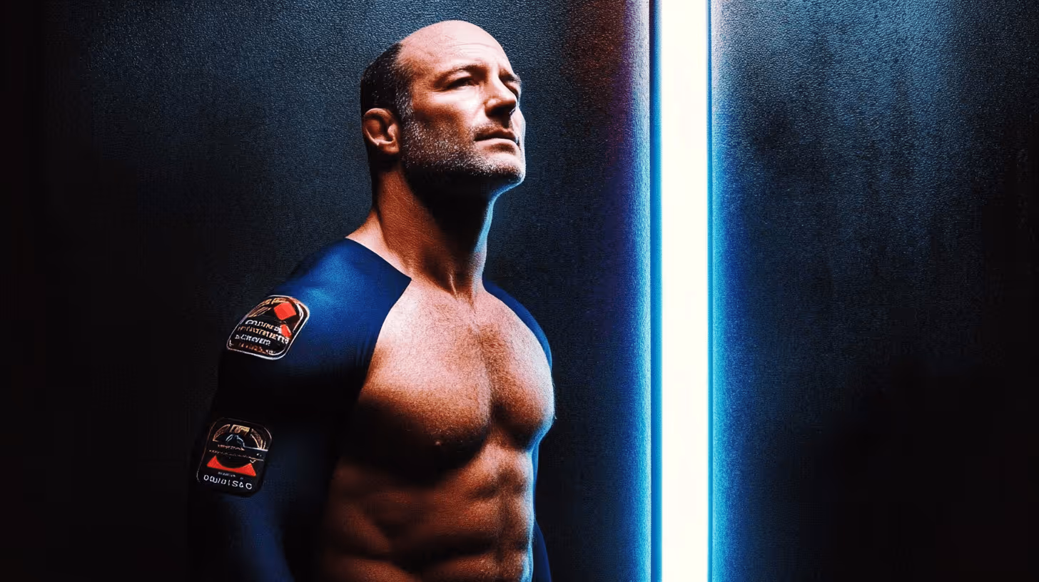 MMA fighter Matt Serra stands proudly with a muscular build in a blue sleeved top under striking neon blue lighting.