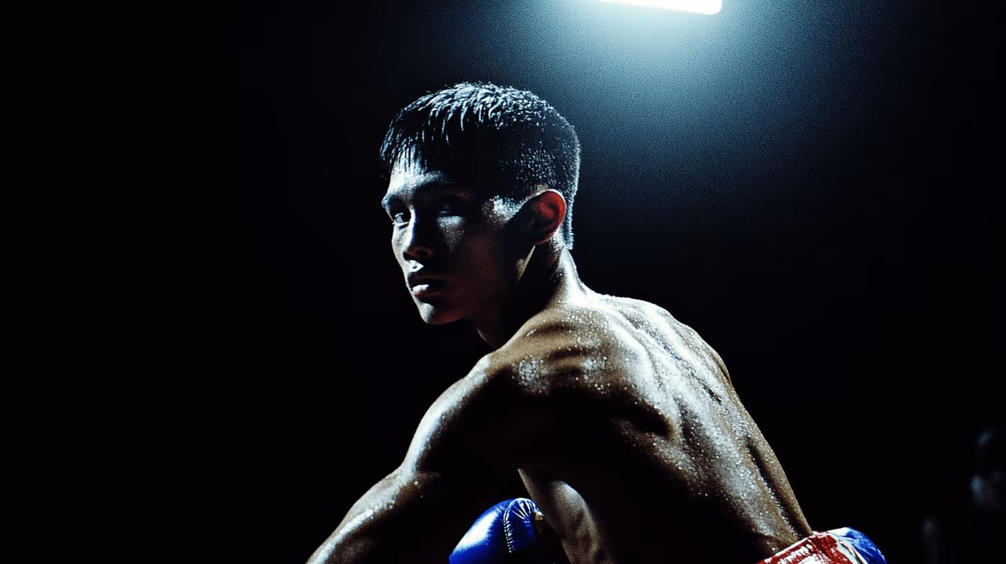 MMA fighter in dynamic side pose with defined muscles, wearing blue boxing gloves and red shorts under dramatic overhead lighting.