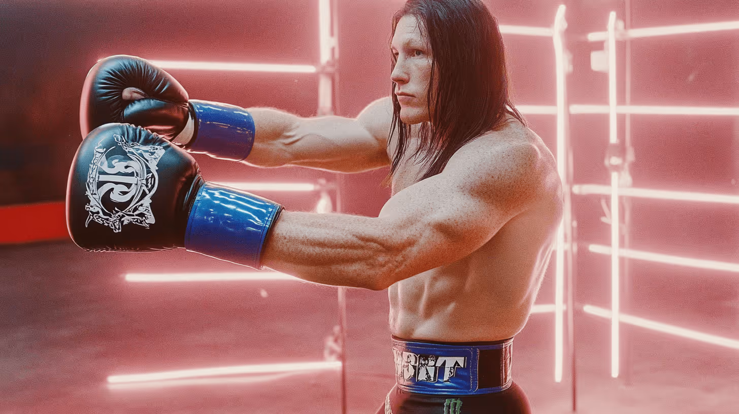 MMA fighter with defined muscles, tattoos, black gloves with intricate designs, blue wrist wraps, and neon pink-purple background.