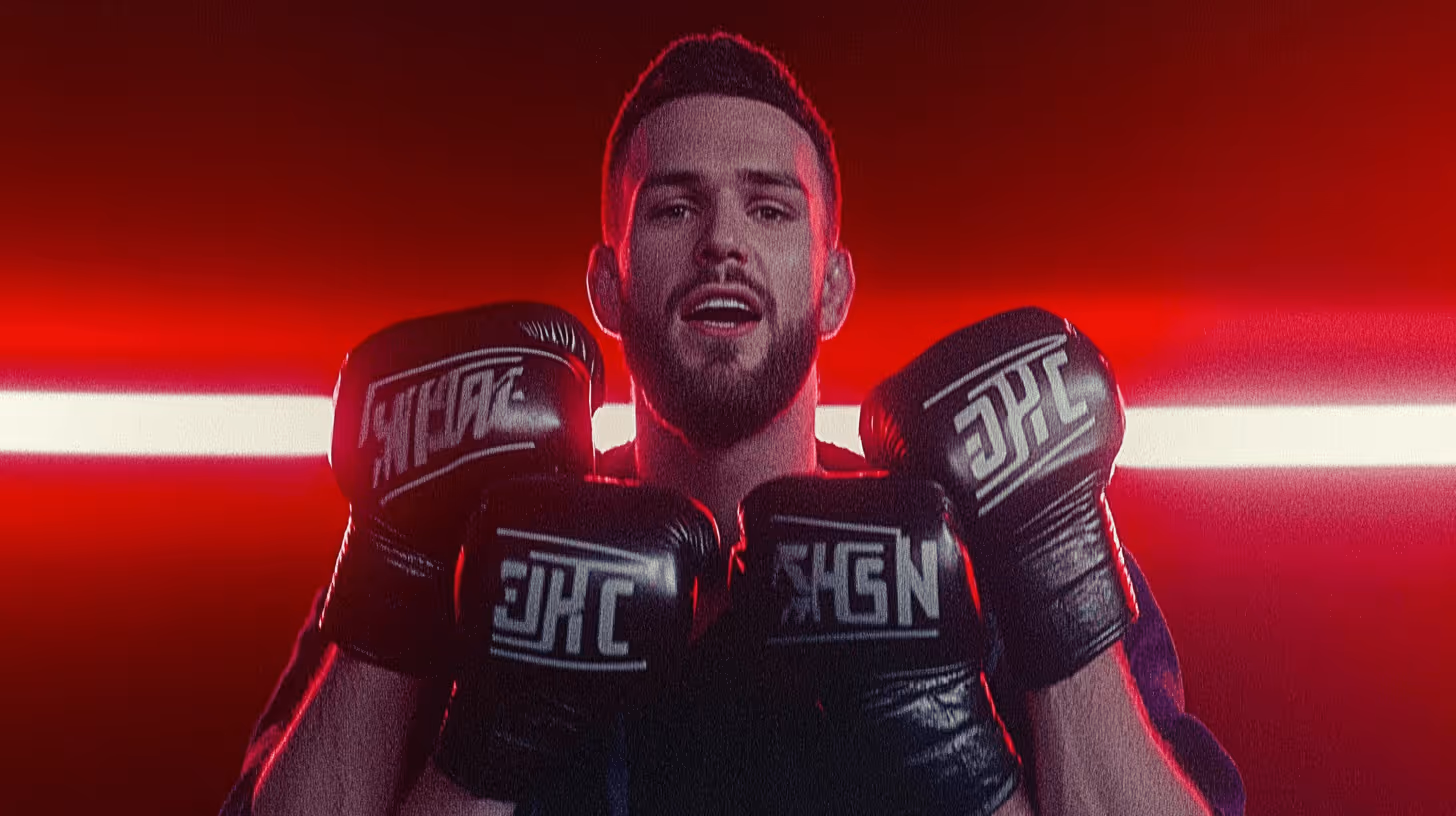 Male MMA fighter in confident pose holding black boxing gloves with bold red lighting and dramatic intensity.