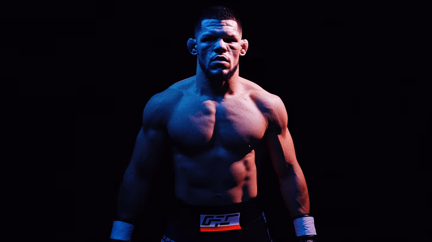 MMA fighter Nate Diaz stands confidently, bare-chested with black shorts, intense expression, and dramatic blue gradient lighting.