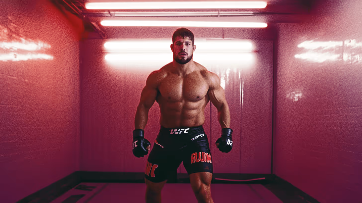 Muscular MMA fighter in black shorts with red lettering and gloves, posing seriously under neon pink-purple lighting.