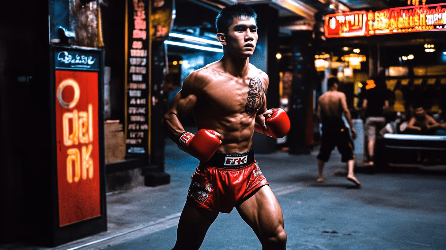 Aggressive MMA fighter in red gloves and shorts, tattooed and determined, posed in a gritty neon-lit street scene.