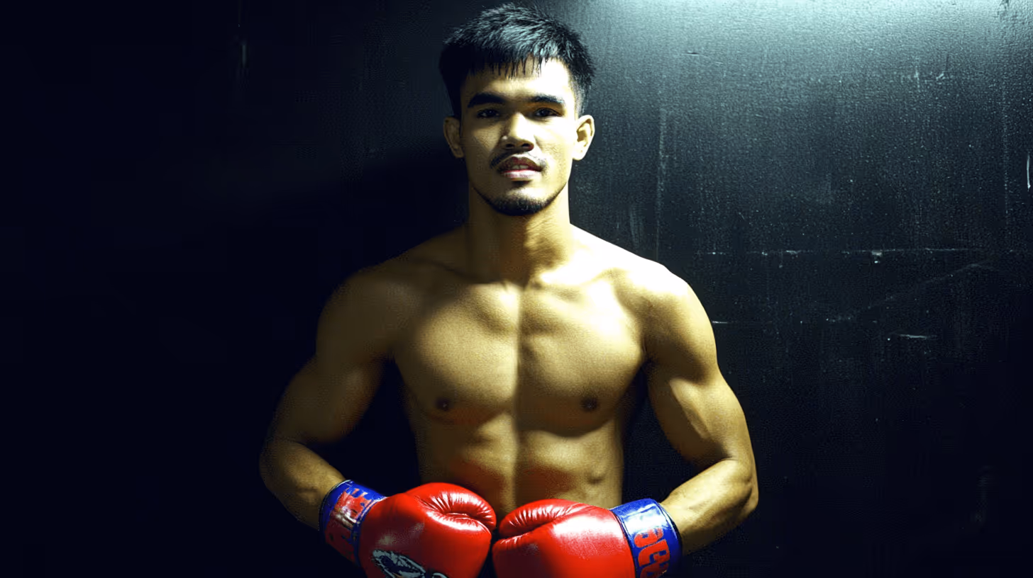 MMA fighter Nakrob Fairtex in a confident, shirtless pose with red boxing gloves and defined muscles against a dramatic dark background.