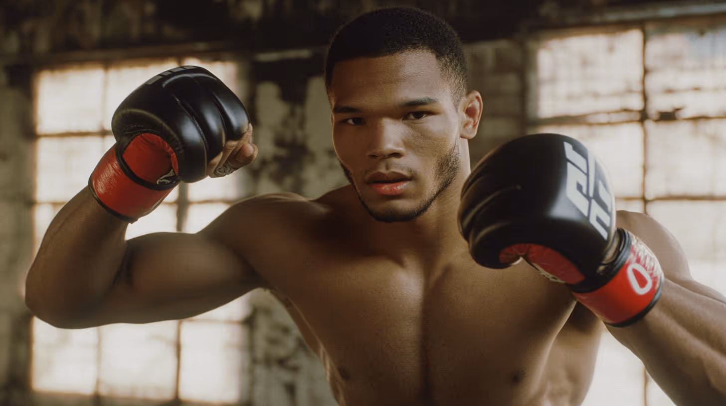 MMA fighter in an aggressive stance, shirtless with defined muscles and black gloves with red accents in a gritty gym setting.